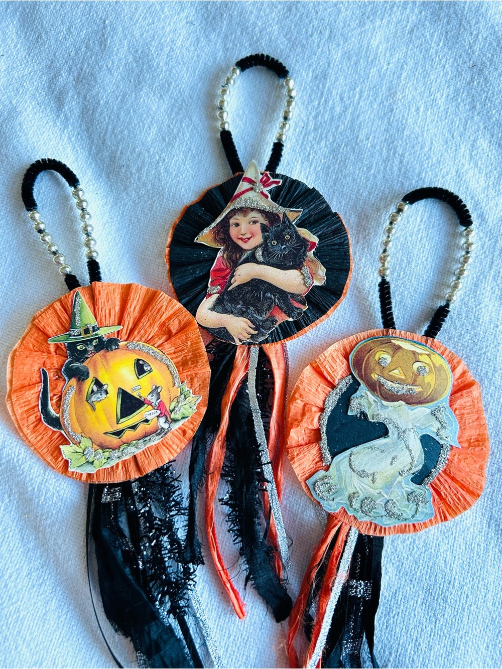 3 Vintage repurposed holiday Halloween Ornaments -